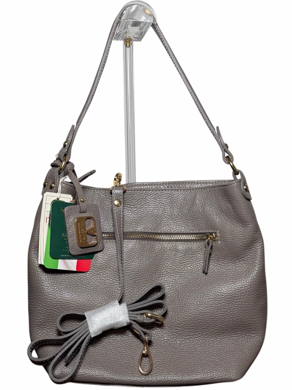 Valentina Gray Leather Shoulder Bag, NWT, made in Italy